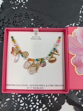 Atteri Charm Necklace Gold Shell Butterfly Heart Colorful Beaded Jewelry